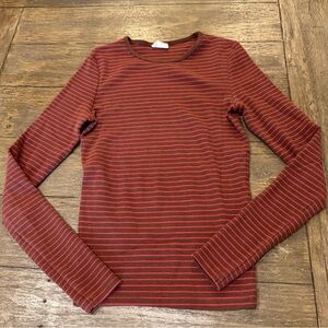 Cotton On Red and Brown Striped Long Sleeve Ribbed T Shirt